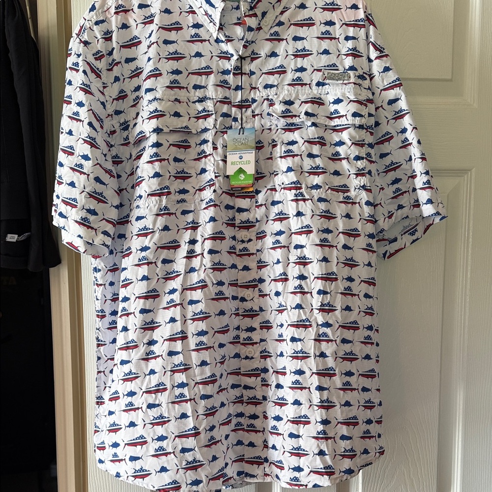Men's Blue and Red Shark Pattern Shirt